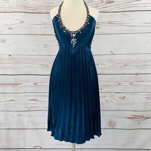 Flip navy pleated halter beaded rhinestone dress